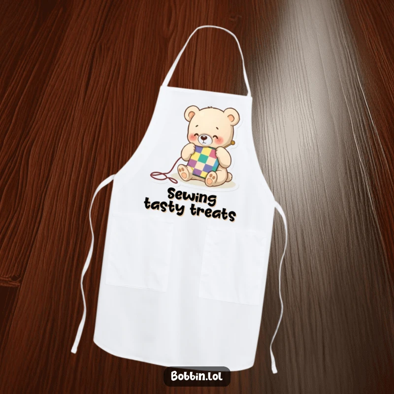 Funny apron showcasing a tiny bear happily stitching a colorful quilt square, perfect for a crafter with a gentle sense of humor.