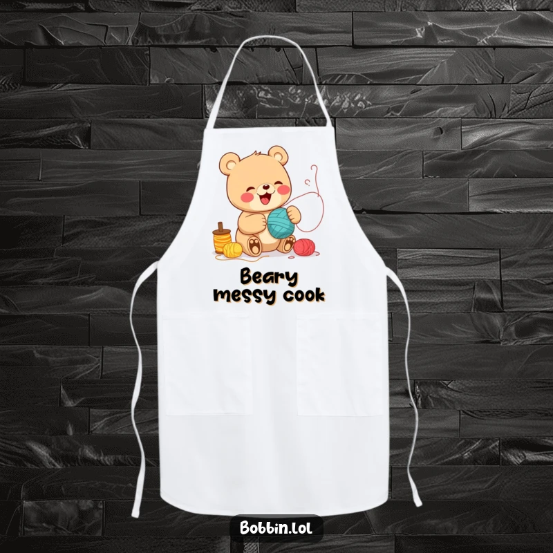 Funny Bear Sewing Apron: A cheerful bear giggling while unspooling threads, keeping messes at bay. Perfect funny gift.