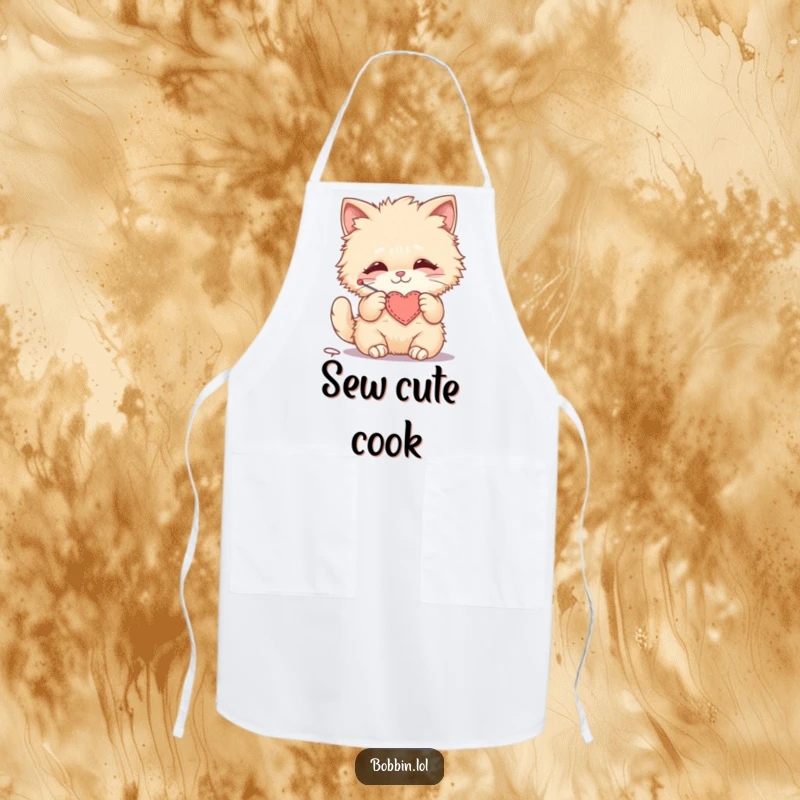 Funny apron with a fluffy cat stitching a small felt heart, perfect for sewers and crafters.