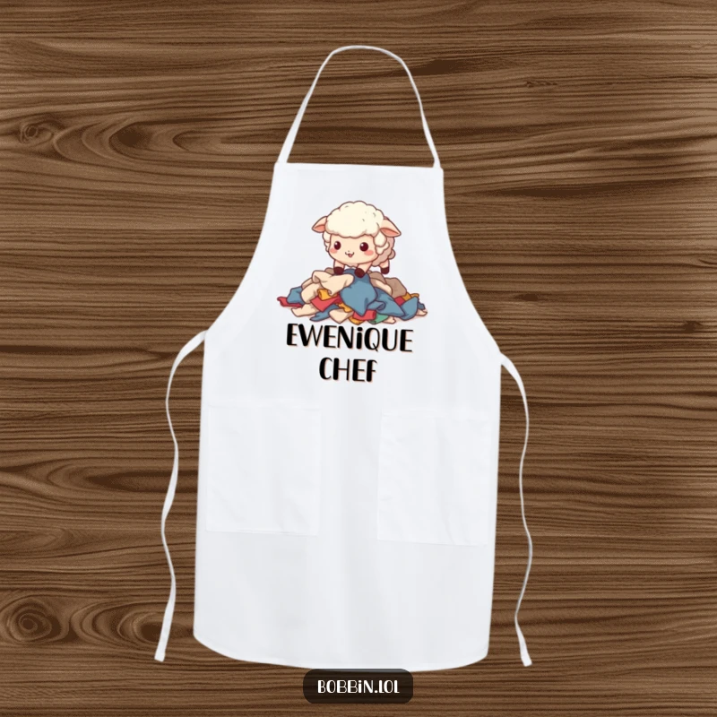 Funny Sheep Sewing Apron: A wobbly sheep stumbling over fabric scraps, keeping messes at bay. Perfect funny gift.