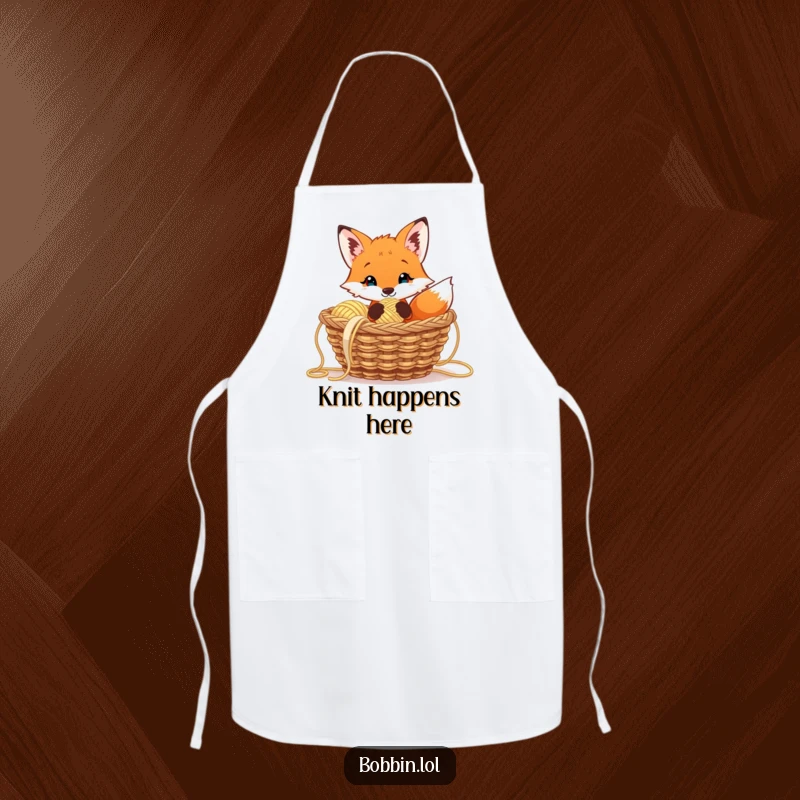 Funny curious fox apron, peeking from yarn, holding a thimble, a protective and humorous accessory.