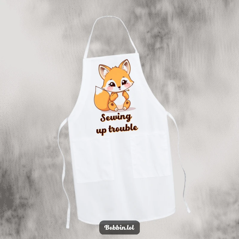 Funny fox with keen eyes threading a needle, printed on a protective and humorous apron.