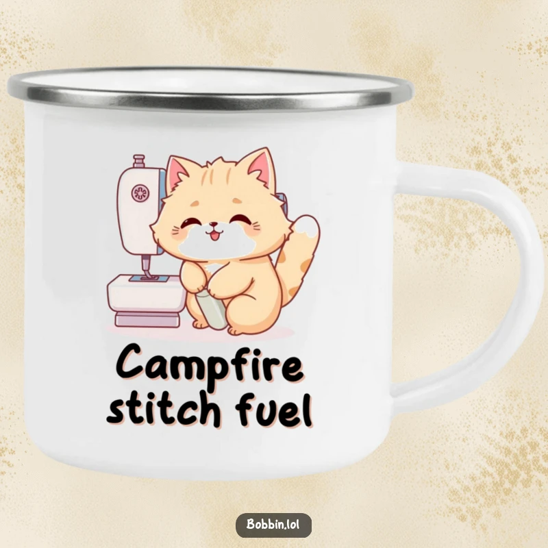 Funny Cat Camping Mug: A fluffy cat joyfully operating a sewing machine pedal, ready for adventure. Super funny gift.