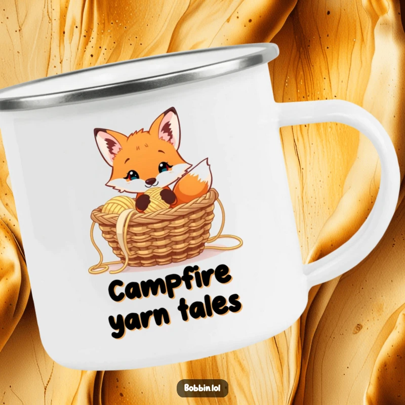 Funny curious fox camping mug, peeking from yarn, holding a thimble, humorous outdoor accessory.