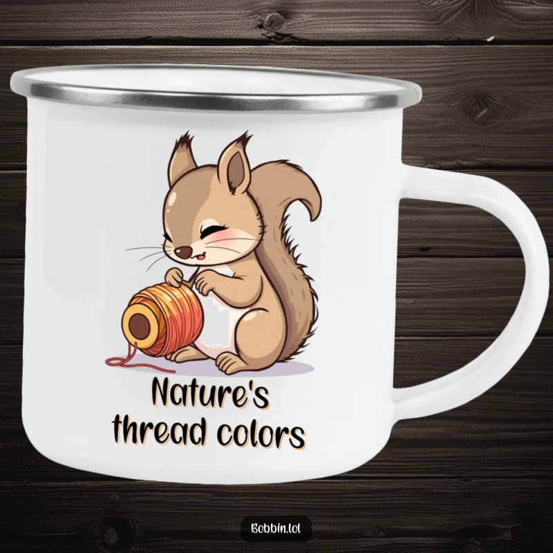 Funny squirrel with great interest examining a colorful spool of thread, depicted on a durable camping mug.