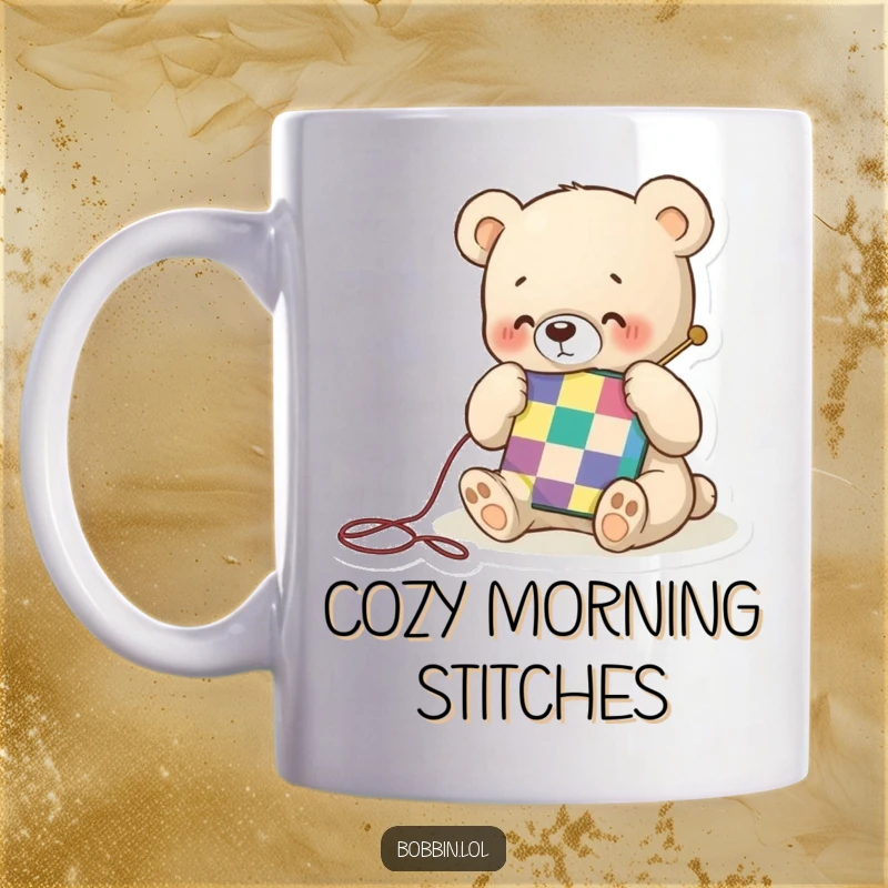 Funny mug showing a tiny bear happily stitching a colorful quilt square with a needle, radiating contentment and crafty joy.