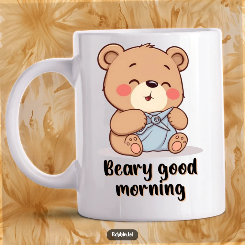 Funny giggling bear carefully cutting fabric with tiny shears, depicted on a humorous mug.