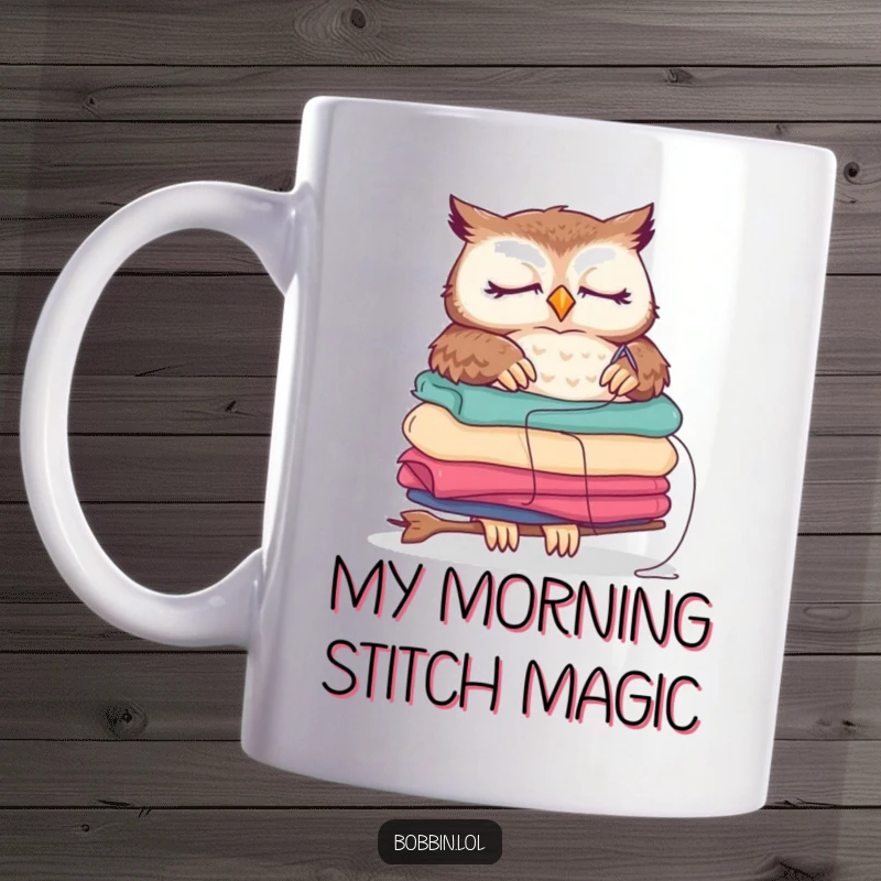 Funny sleepy owl mug balancing fabric stack and threading a needle, a humorous gift for crafters.