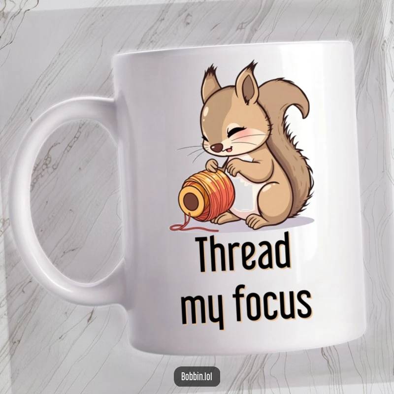 Funny curious squirrel intently examining a colorful spool of thread, depicted on a humorous mug.