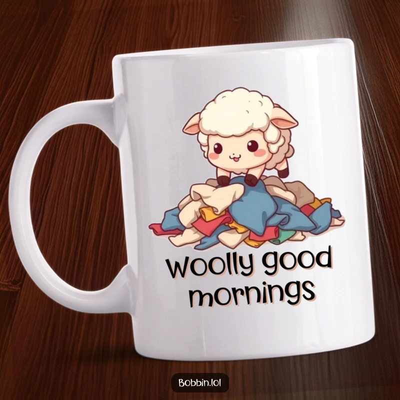 Funny Sheep Sewing Mug: A wobbly sheep stumbling adorably over fabric scraps. Hilarious funny gift for sewists.