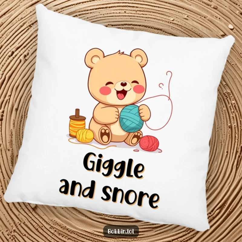 Funny Bear Sewing Pillow: A cheerful bear giggling while unspooling thread, perfect for relaxation. Ideal funny gift.