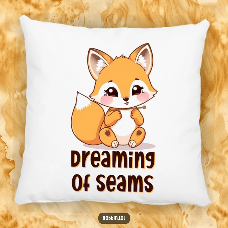 Funny fox with bright eyes threading a needle, depicted on a plush pillow for decorative comfort.
