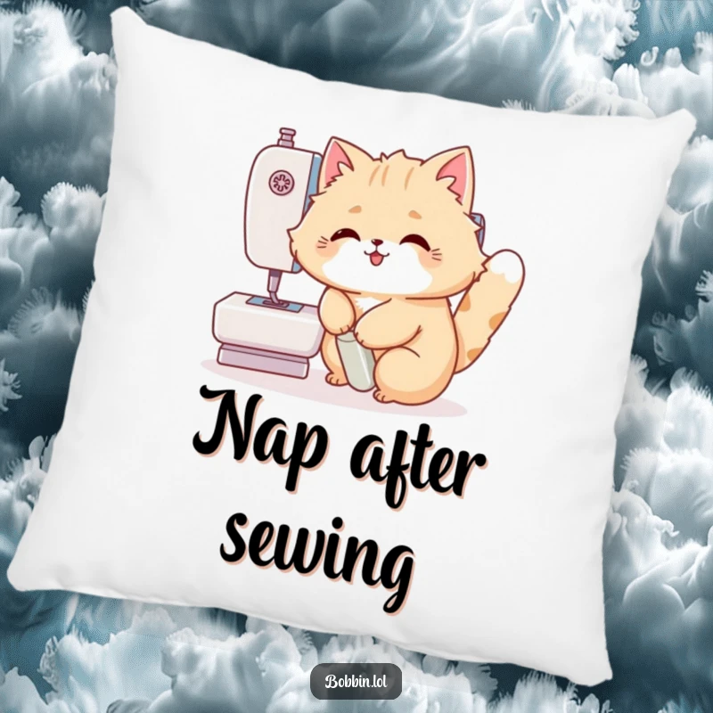 Funny Cat Pillow: A fluffy cat merrily using a sewing machine foot pedal, adding comfort and humor. Ideal funny gift.