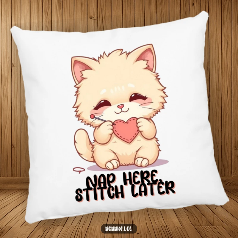 Funny pillow featuring a fluffy cat happily stitching a small felt heart, bringing comfort and a sweet touch.