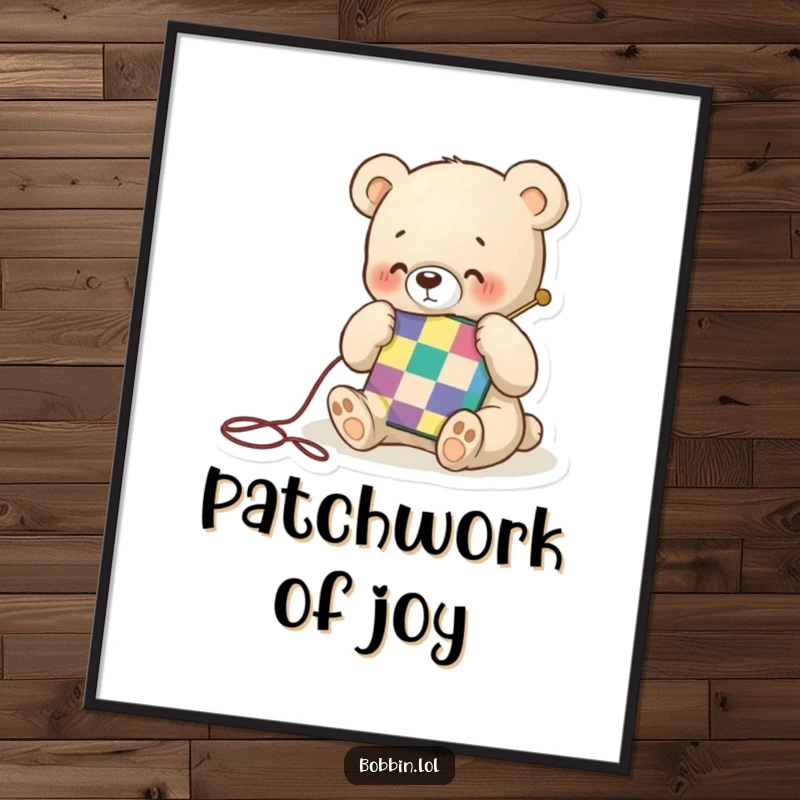Funny digital art print of a tiny bear happily stitching a colorful quilt square, adding cozy charm and a crafty vibe to decor.