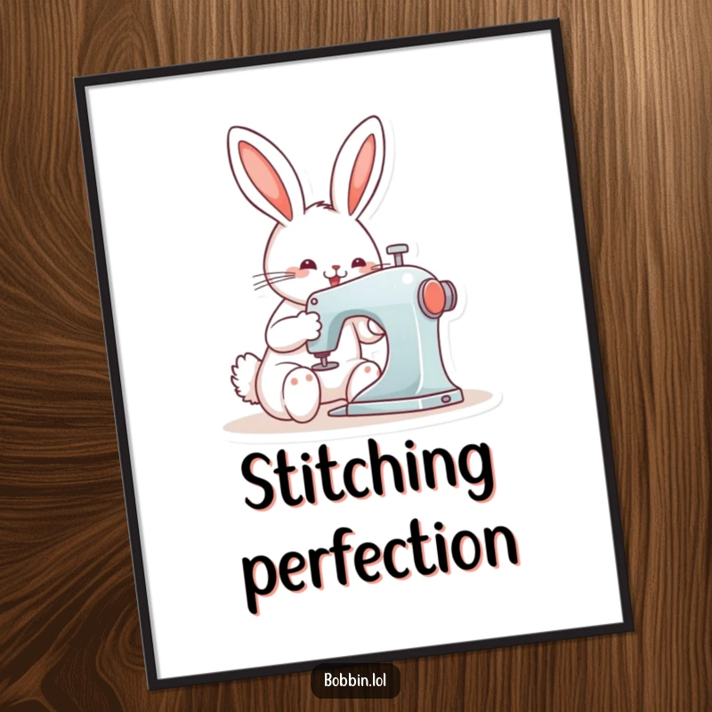 Funny bunny engrossed in sewing activity with a machine, high-quality digital art print for instant download.