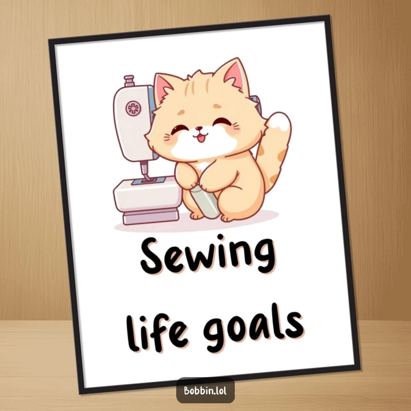 Funny Cat Sewing Digital Art Print: A fluffy cat gleefully pressing a sewing machine pedal, wall art. Perfect funny gift.