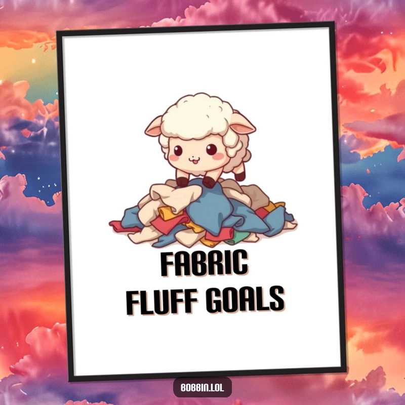 Funny Sheep Sewing Digital Art Print: A wobbly sheep stumbling over fabric scraps, humorous wall decor. Perfect funny gift.