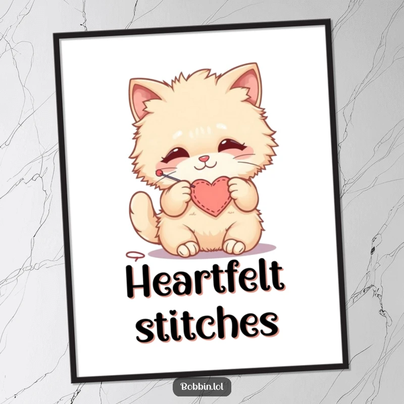 Funny digital art print of a fluffy cat happily stitching a small felt heart, a symbol of love.