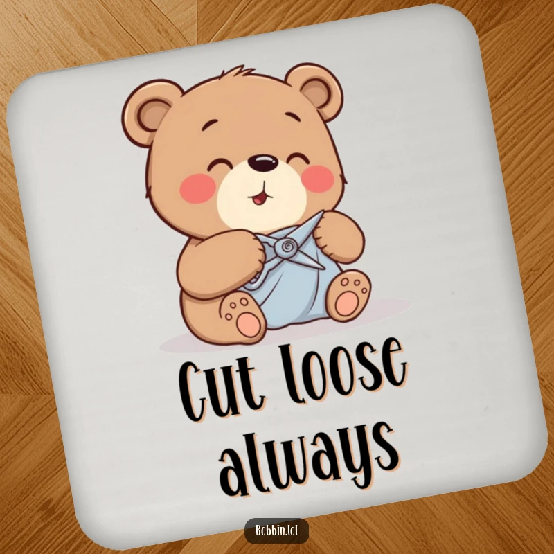 Funny giggling bear cutting fabric with tiny shears, featured on protective drink coasters in a charming set.
