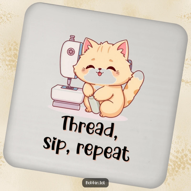 Funny Cat Coaster: A fluffy cat happy at a sewing machine pedal, adding a humorous touch. Cute funny gift.