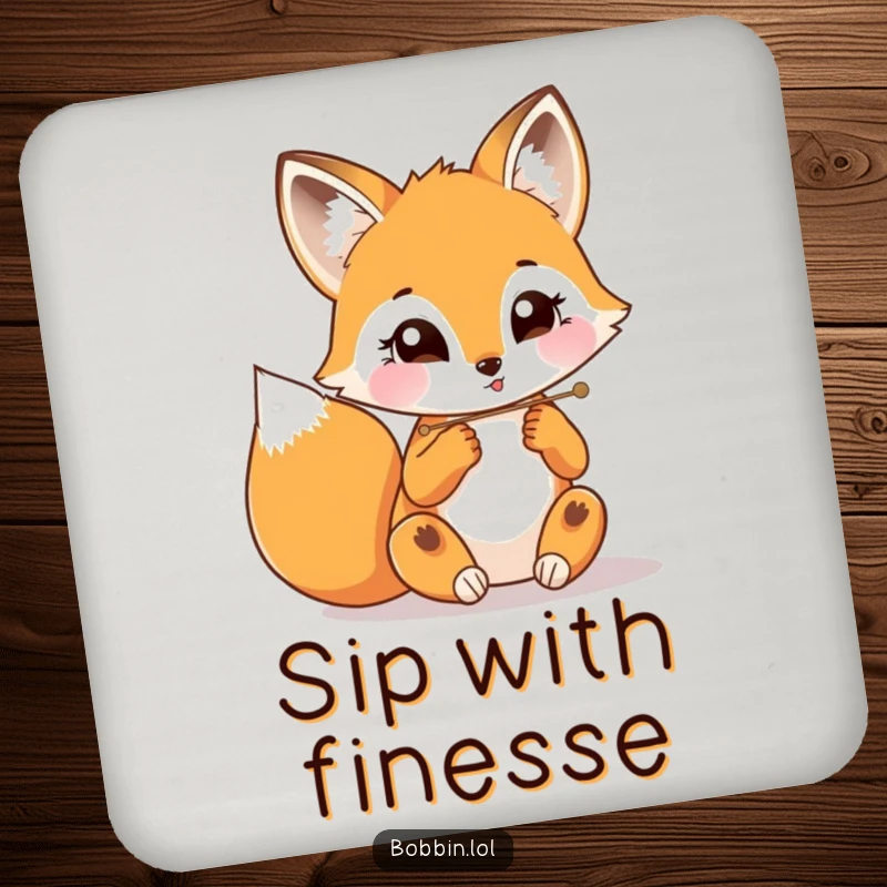 Funny fox intently threading a needle, featured on protective drink coasters in a charming set.