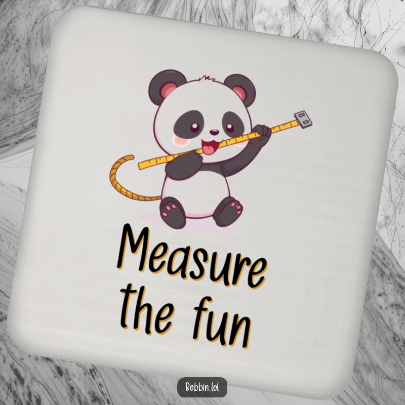 Funny Panda Sewing Coaster: A playful panda batting at a swinging measuring tape, adding charm and humor. Cute funny gift.