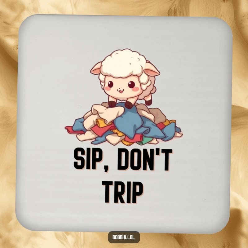 Funny Sheep Sewing Coaster: A wobbly sheep stumbling over fabric scraps, adding charm and humor. Cute funny gift.