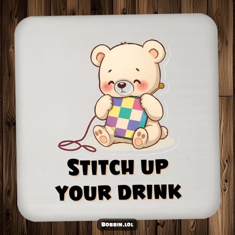 Funny drink coaster set featuring a tiny bear happily stitching a colorful quilt square, protecting surfaces with crafty charm.
