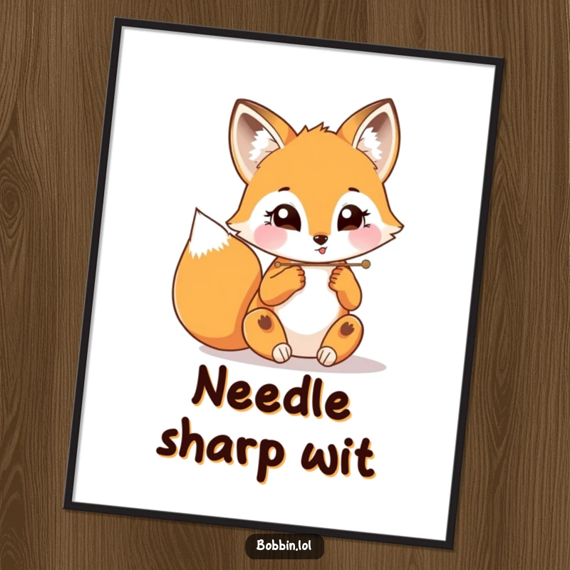 Funny fox with wide, focused eyes threading a needle, displayed as a whimsical poster for home decoration.