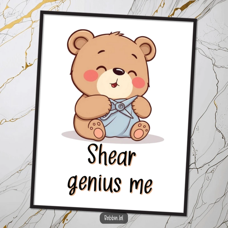 Funny giggling bear carefully using tiny shears to cut fabric, displayed as a whimsical poster.