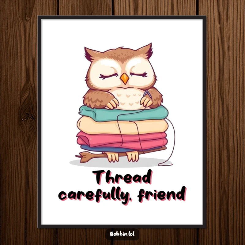 Funny sleepy owl poster, humorously attempting to sew fabric and thread a needle, charming wall art.