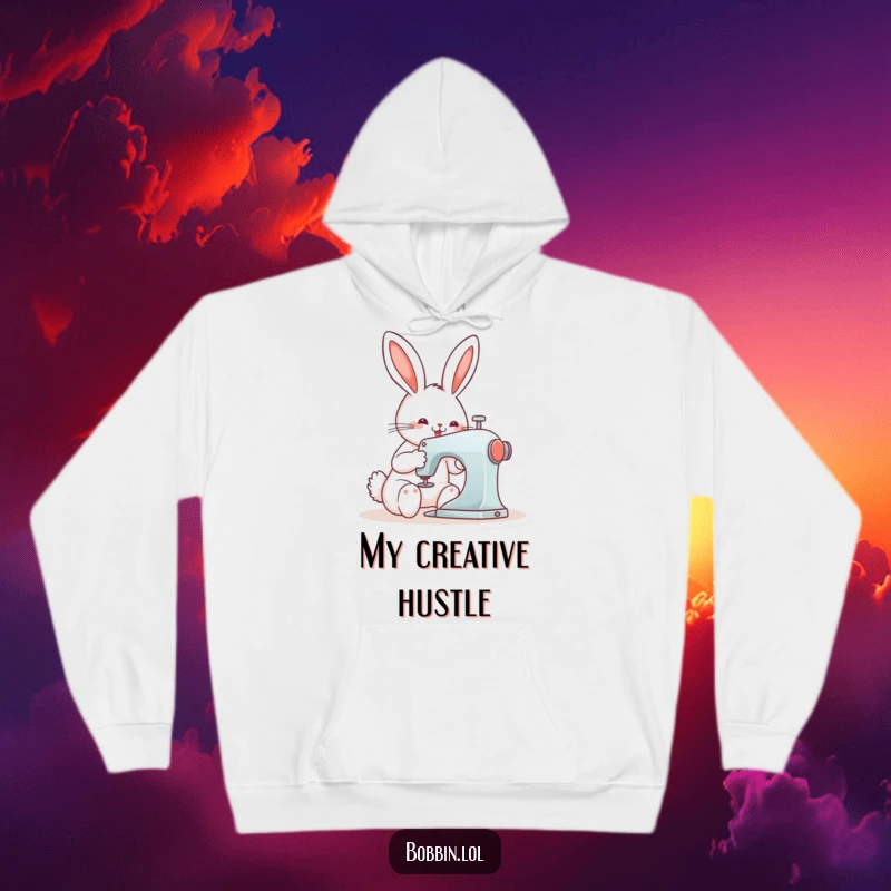 Funny bunny happily sewing on a machine, depicted in a cozy hoodie, a humorous gift for craft lovers.