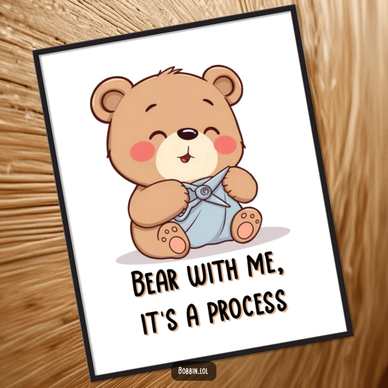 Funny Free Printable Wall Art of a giggling bear meticulously cutting fabric with tiny shears, full of glee.