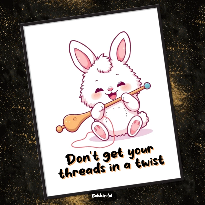 Funny Free Printable Wall Art: A fluffy bunny enthusiastically threads a very large sewing needle, bringing humor to sewing.