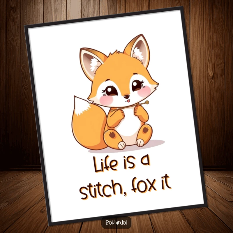 Funny Free Printable Wall Art of a playful fox meticulously threading a needle with a bright, wide-eyed look.