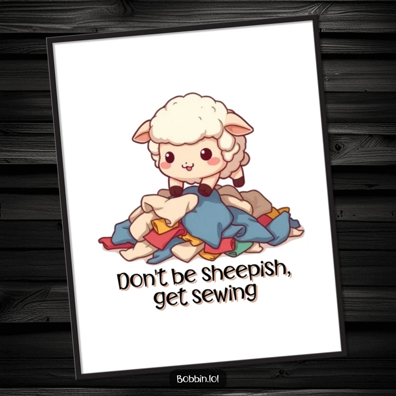 Funny Free Printable Wall Art: A wobbly sheep character adorably stumbles amidst a colorful pile of fabric scraps, embodying sewing clumsiness.
