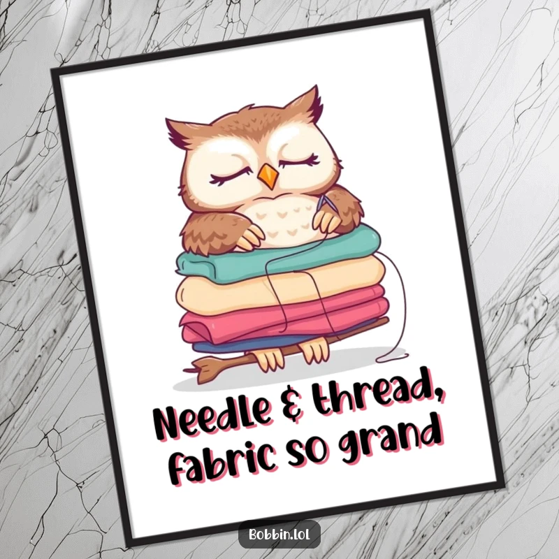 Funny Free Printable Wall Art: Sleepy owl hilariously balancing fabric while sewing, charming downloadable.