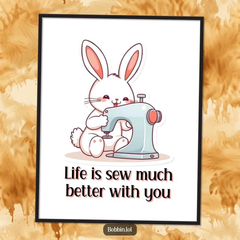 Funny Free Printable Wall Art depicting a cheerful bunny absorbed in operating a sewing machine with pure delight.