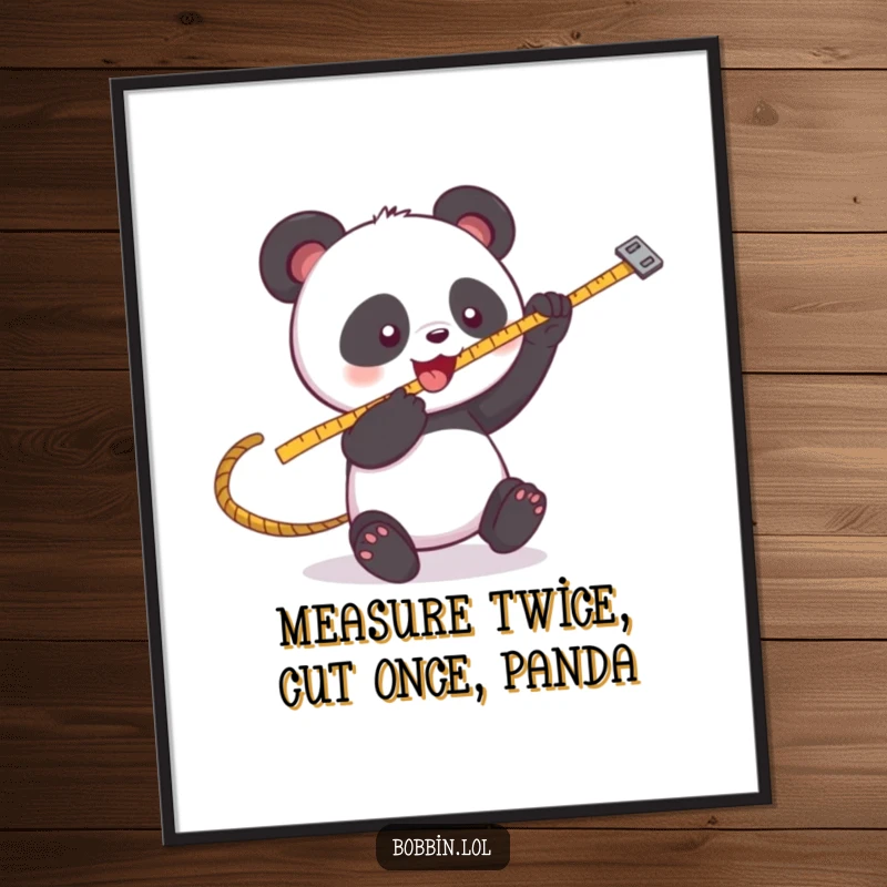 Funny Free Printable Wall Art: A playful panda character joyfully bats at a swinging measuring tape, illustrating sewing fun.