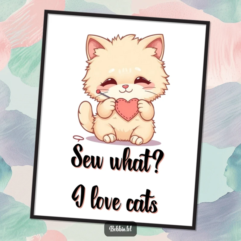 Funny Free Printable Cat Wall Art: A fluffy cat happily stitching a small felt heart with gentle paws.