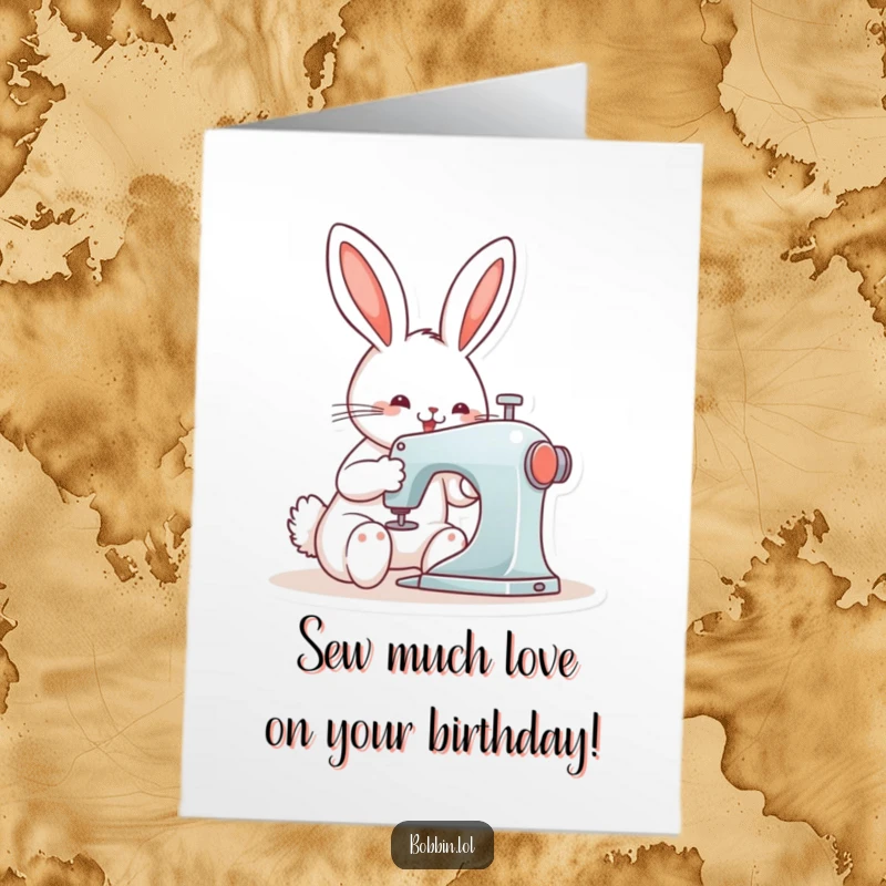 Funny Free Printable Birthday Card featuring a cheerful bunny diligently sewing with focused delight on a machine.