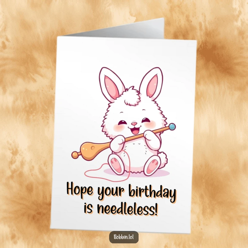 Funny Free Printable Birthday Card: A fluffy bunny intently threads a massive sewing needle with determination, perfect for crafters.