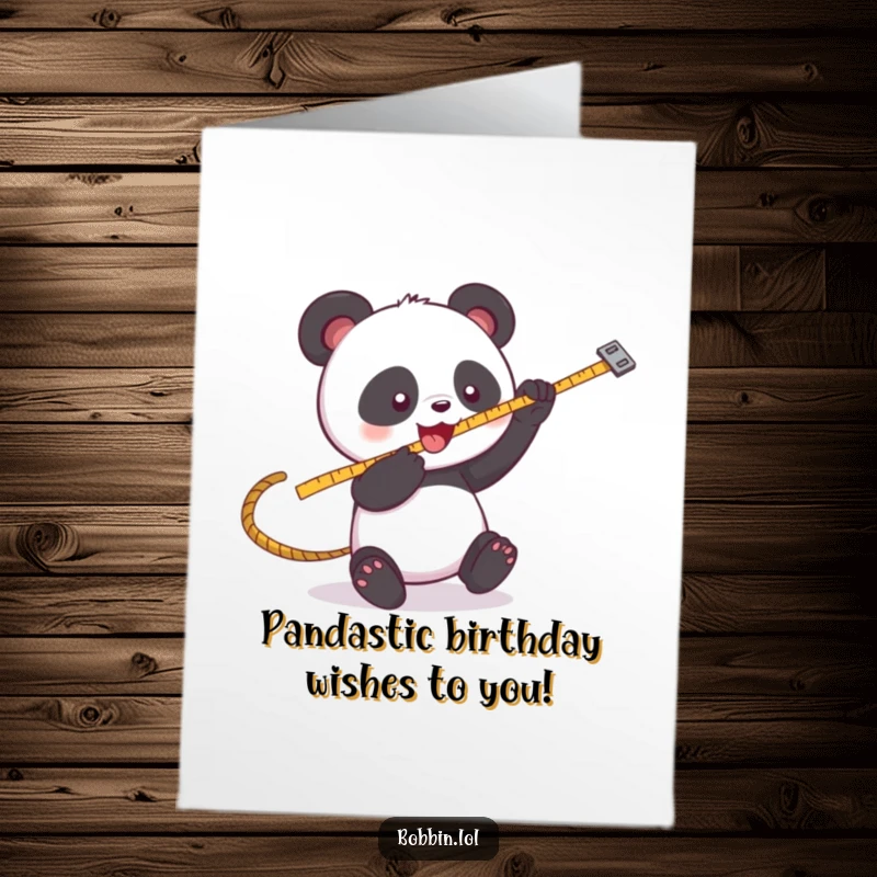 Funny Free Printable Birthday Card: A playful panda enthusiastically bats at a swinging measuring tape, embracing sewing fun.