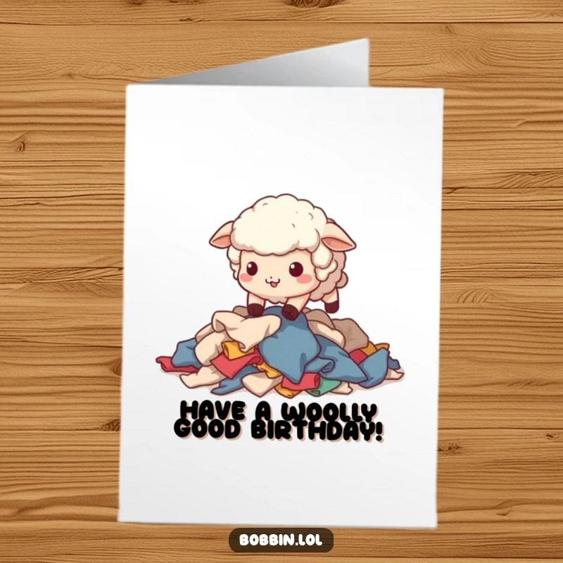 Funny Free Printable Birthday Card: A wobbly sheep adorably stumbles over a messy pile of colorful fabric scraps, sewing chaos.