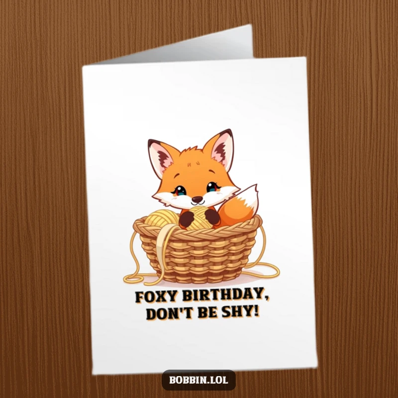 Funny Free Printable Birthday Card: Curious fox peeking from yarn, holding a thimble, a crafty surprise.