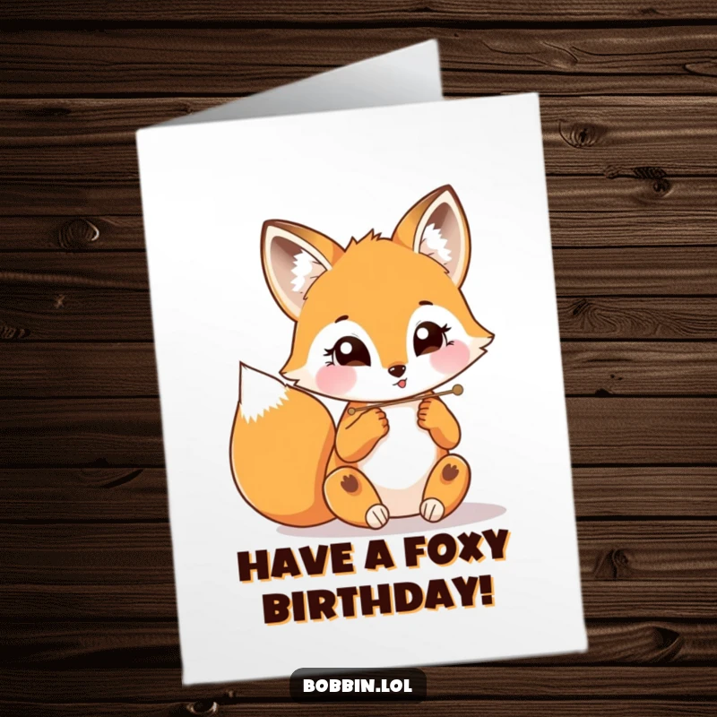 Funny Free Printable Birthday Card featuring a playful fox threading a needle with wide, excited eyes.
