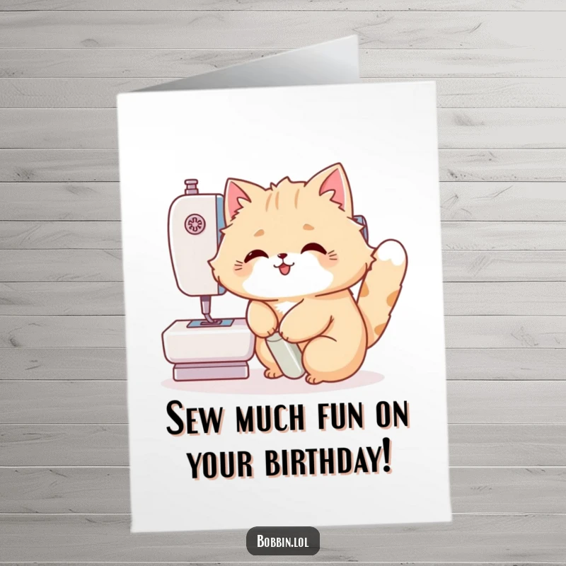 Funny Free Printable Birthday Card: A fluffy cat joyfully pedals a sewing machine, ready to craft a purrfect birthday message.