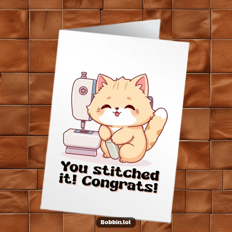 Funny Free Printable Congratulations Card: A happy cat energetically presses a sewing machine pedal, celebrating a sewing milestone.