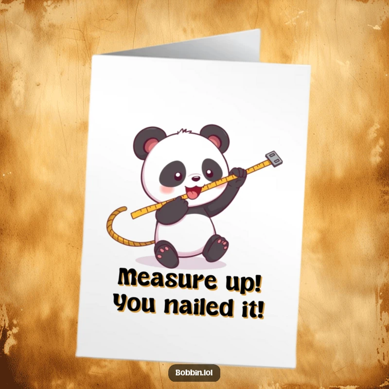 Funny Free Printable Congratulations Card: A playful panda actively bats at a swinging measuring tape, marking a sewing triumph.